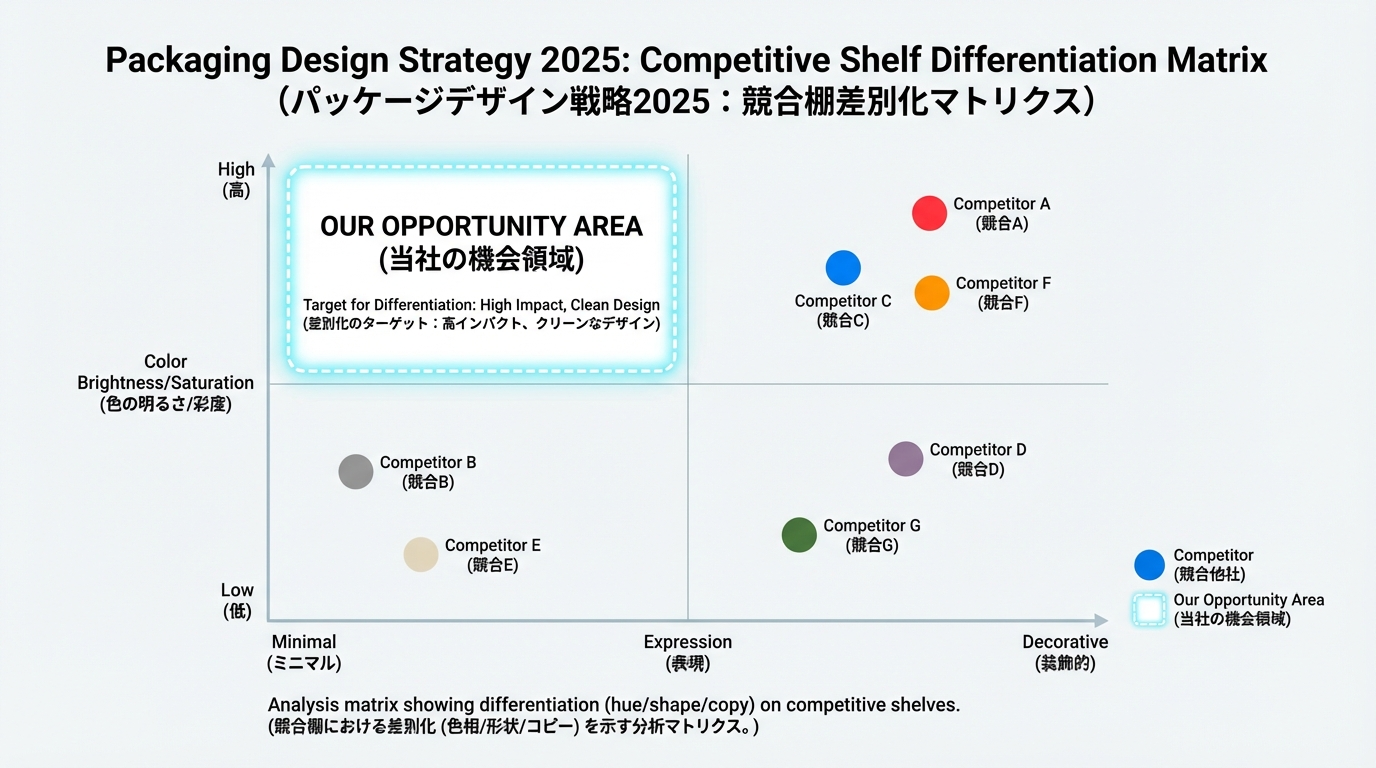縦軸に色の明度・彩度、横軸にミニマルから装飾的までの表現軸をとり、競合と自社のポジションを点で示したマトリクス図