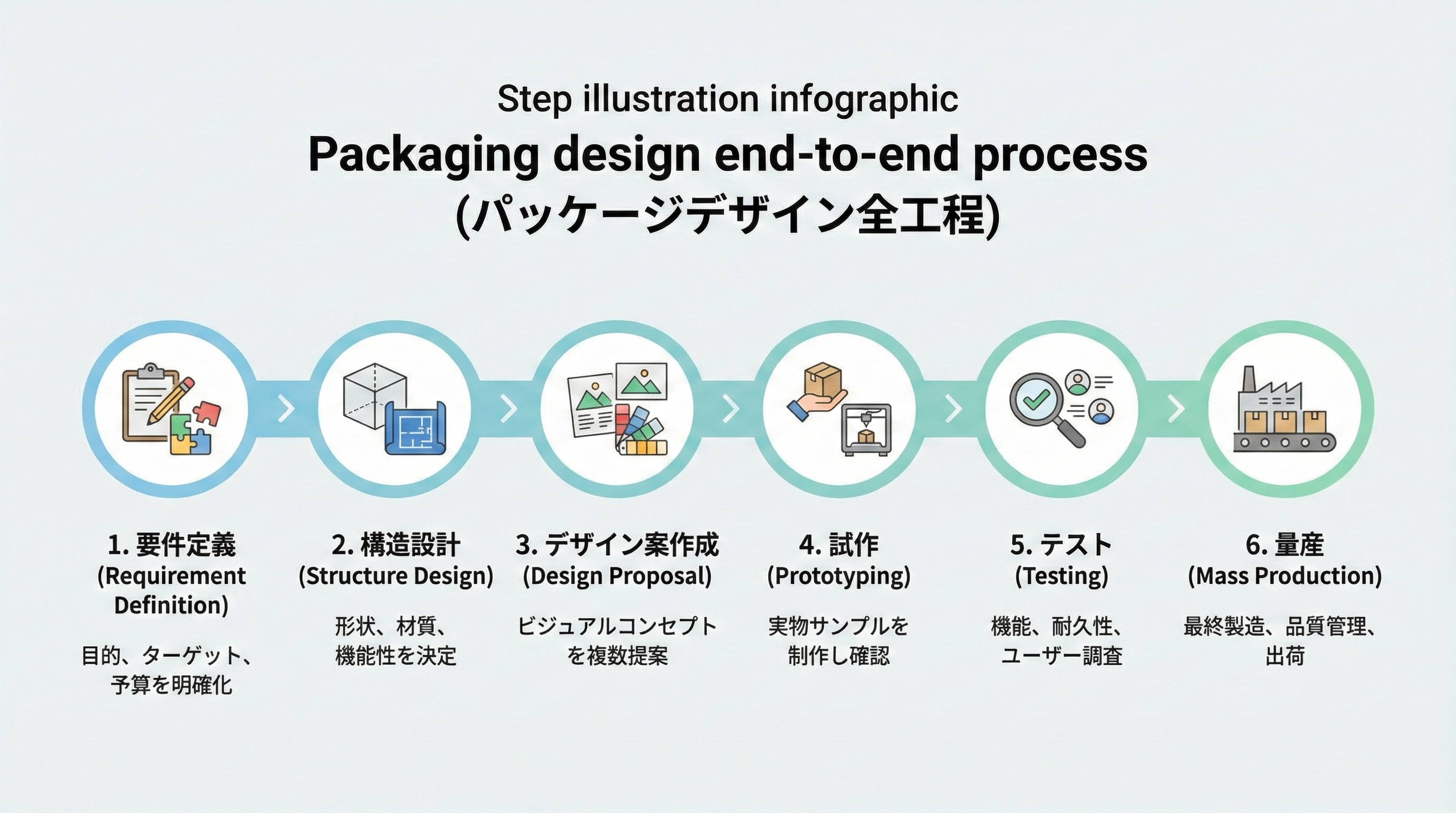 要件定義から構造設計、デザイン案、試作、テスト、量産までを6ステップのタイムラインで表したパッケージ制作プロセス図