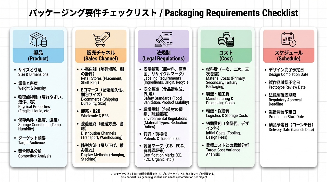 商品・チャネル・法規・コスト・スケジュールの5カテゴリ別にパッケージ要件をチェックできるカード形式のチェックリスト図