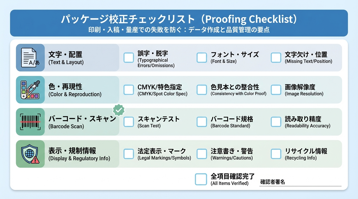 テキスト、色、バーコード読み取り、法定表示の4項目をチェックボックス付きで並べた校正チェックシートのイメージ図