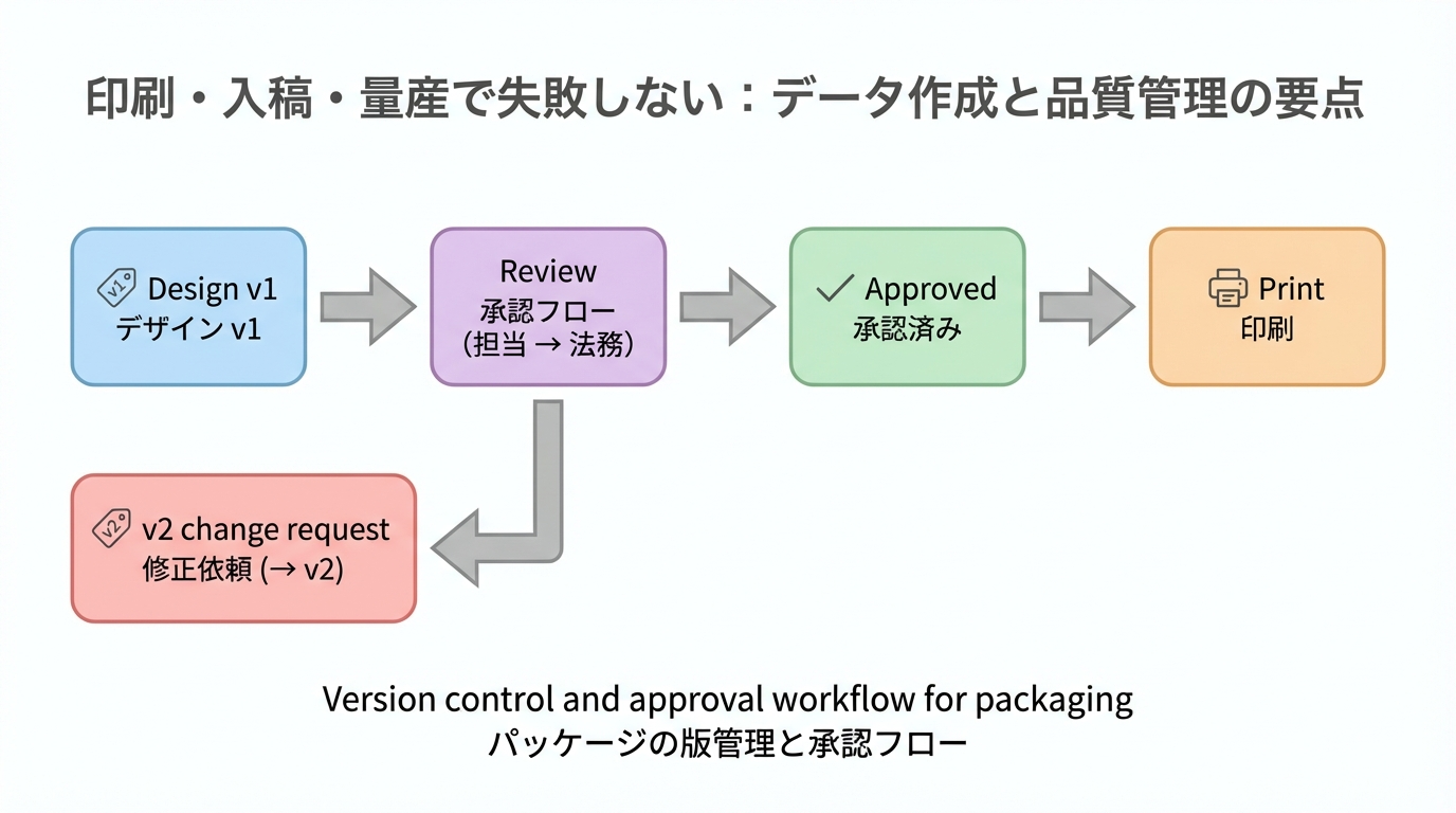 デザインv1からレビュー、承認、印刷へ進むフローと、v2改版リクエストが分岐する版管理ワークフロー図