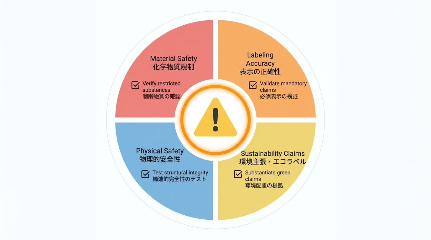 法定表示、広告表現、安全、アクセシビリティの4つのリスク領域をホイール状に配置し、それぞれに代表的なチェック項目を添えた図