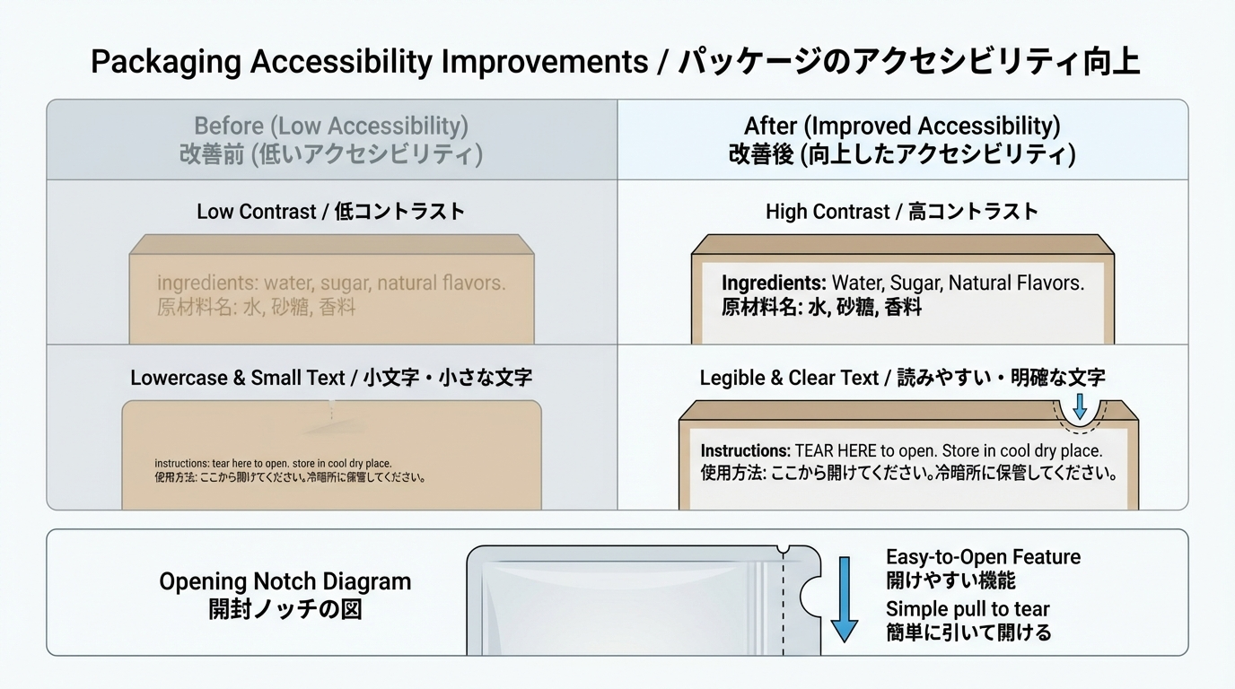 左側に低コントラストで文字が小さいパッケージ例、右側にコントラストと文字サイズを改善した例と、開封しやすい切り欠き形状を示した図