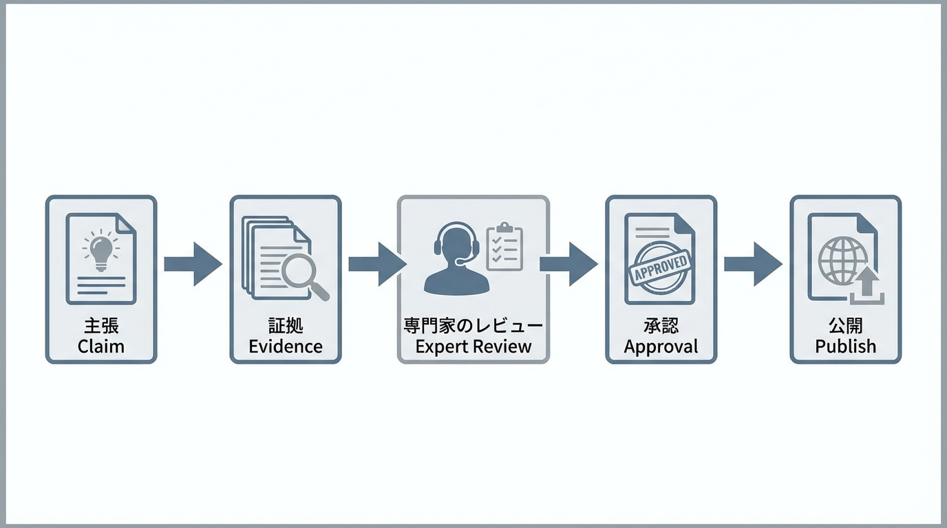 商品主張から根拠資料、専門家レビュー、承認、公開へと直列に進むガバナンスフローの図