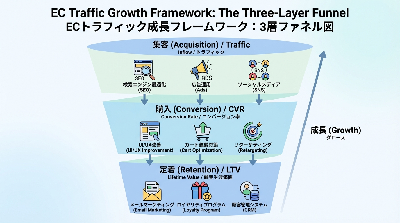 EC集客を流入・転換・継続の3つのファネルに分解し、それぞれにSEOや広告、メール施策が紐づいている様子を示す図解
