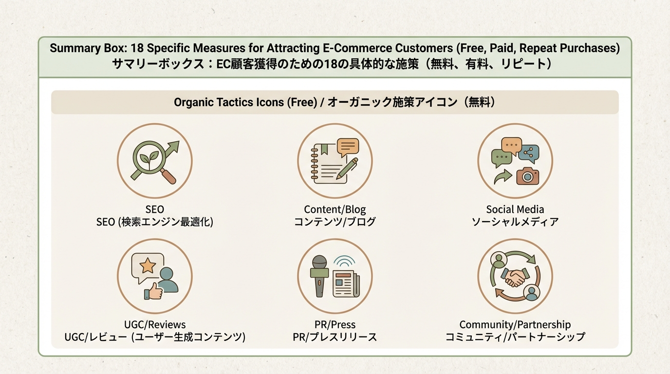 SEOやブログ、SNS、UGC、PR、コミュニティ参加など6つの無料施策を示すシンプルなアイコンセット