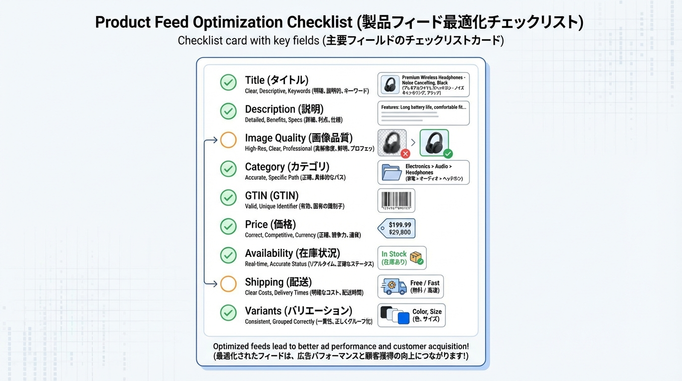 ショッピング広告の成果を左右する商品フィード項目（タイトル、説明文、画像品質、カテゴリ、価格など）のチェックリスト