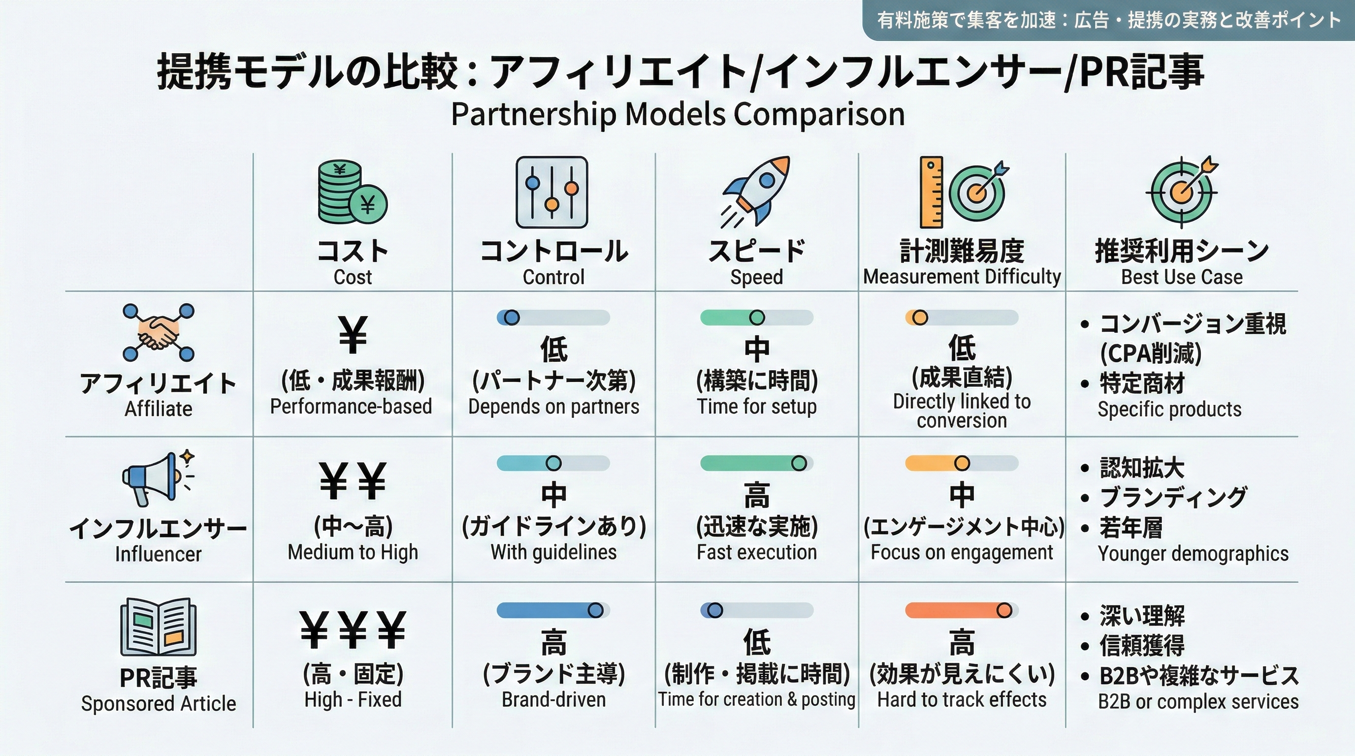 アフィリエイト、インフルエンサー、PR記事の3つの起用形態をコストやコントロール性などの観点で比較した表