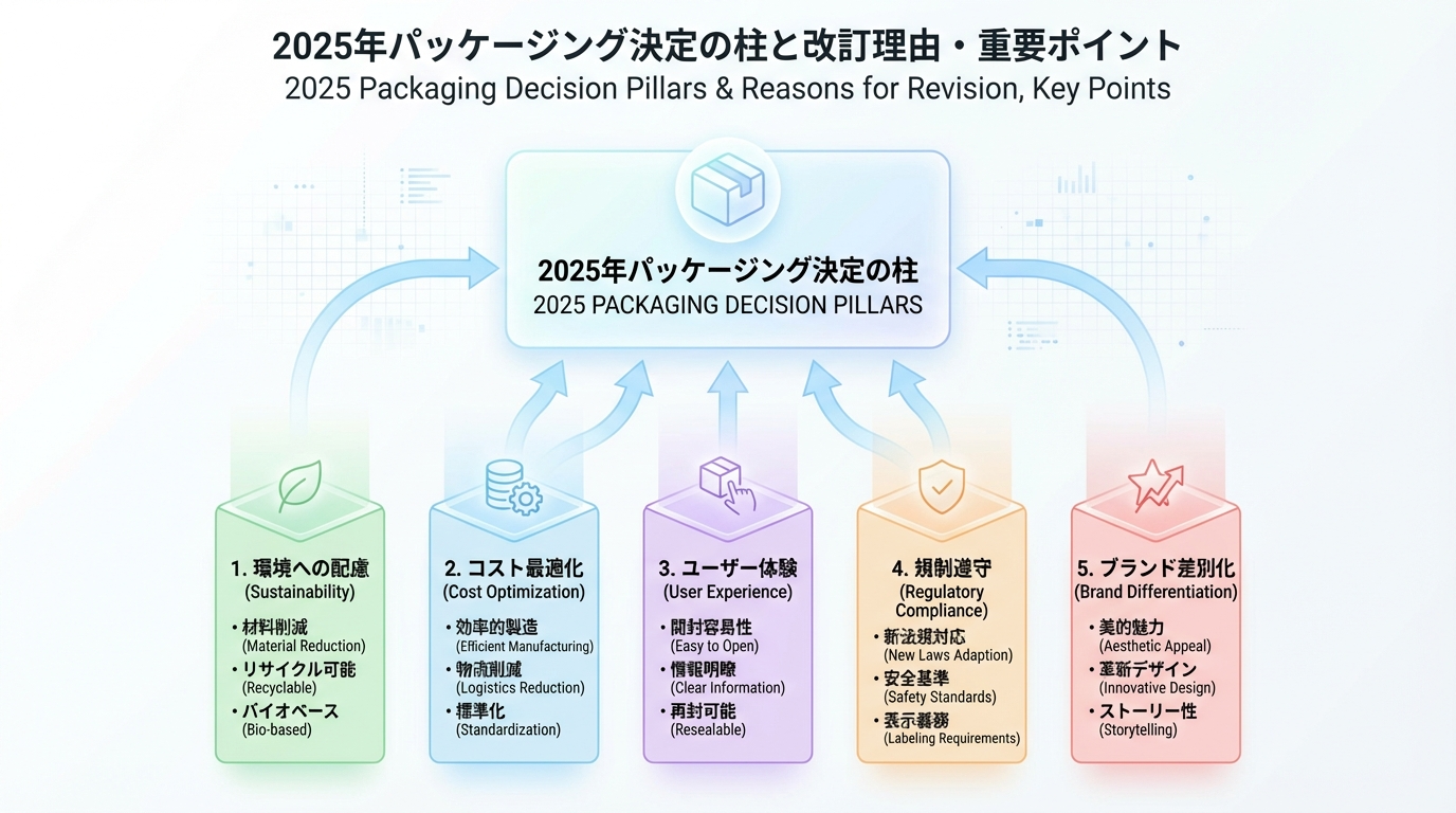 商品パッケージ設計の意思決定軸として、コスト・保護・顧客体験・環境・運用の5つを俯瞰して示した2025年向けインフォグラフィック
