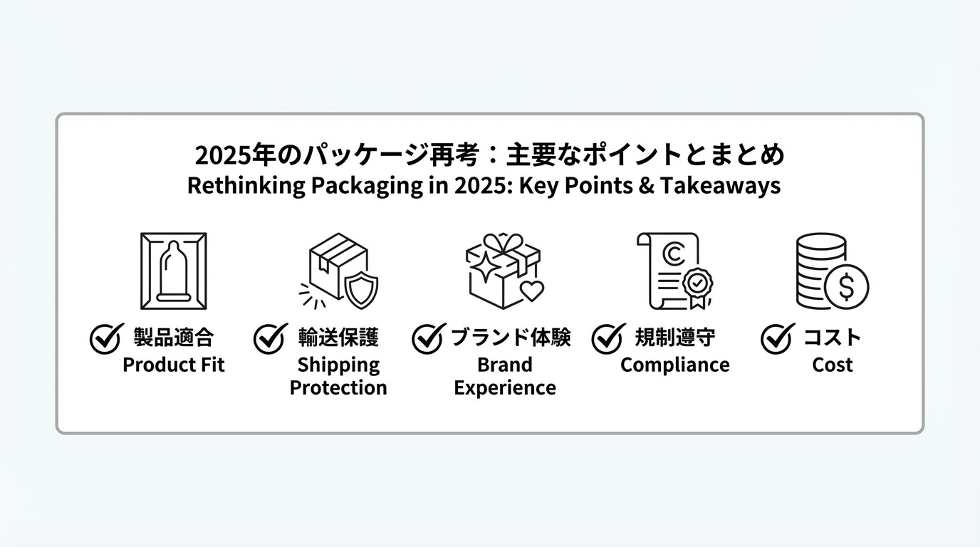 商品適合・配送保護・ブランド体験・法令遵守・コスト最適化の5つのチェックアイコンを並べた要約用イラスト