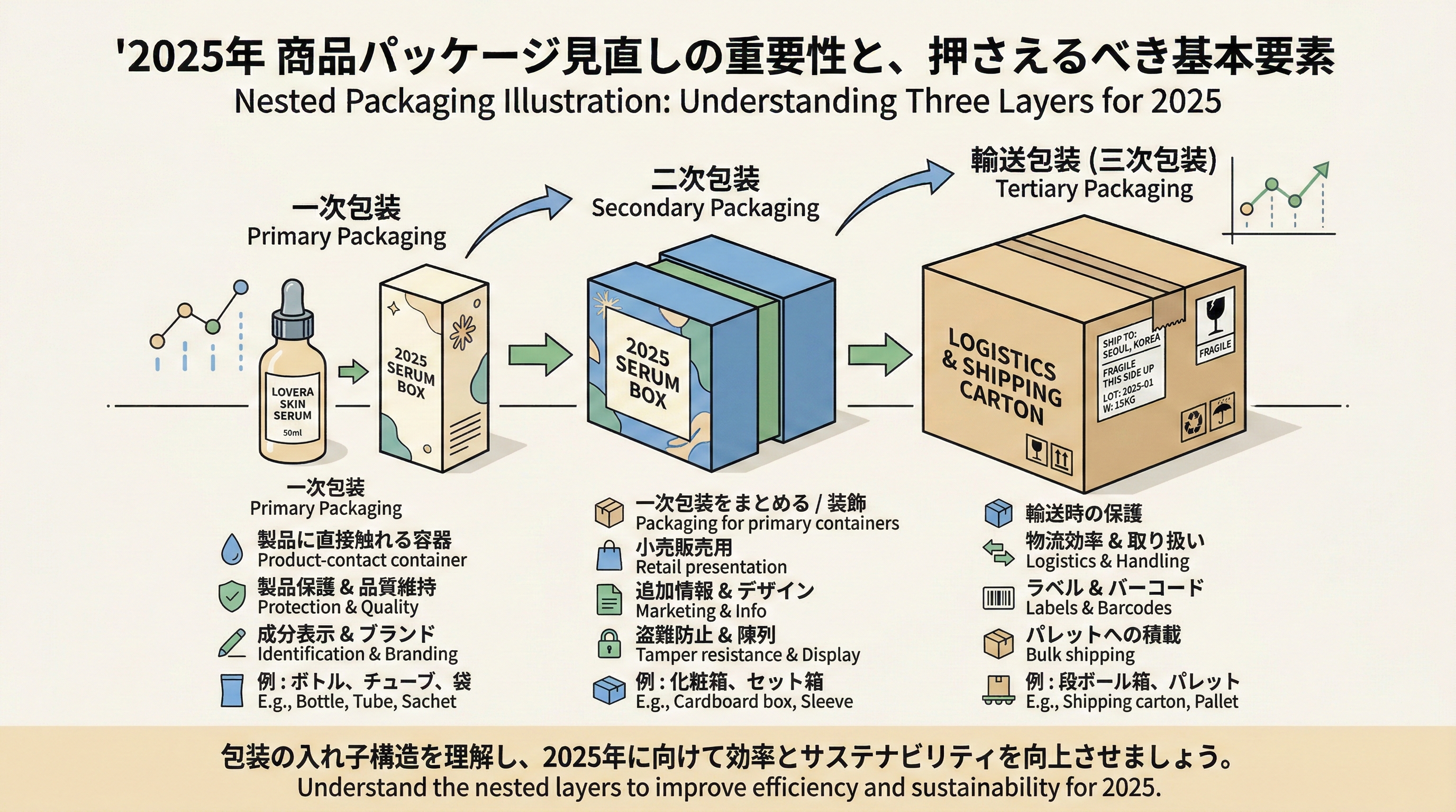 商品を包む一次包装、その外側の二次包装、さらに外側の輸送用段ボールが入れ子になった構造を示す図解