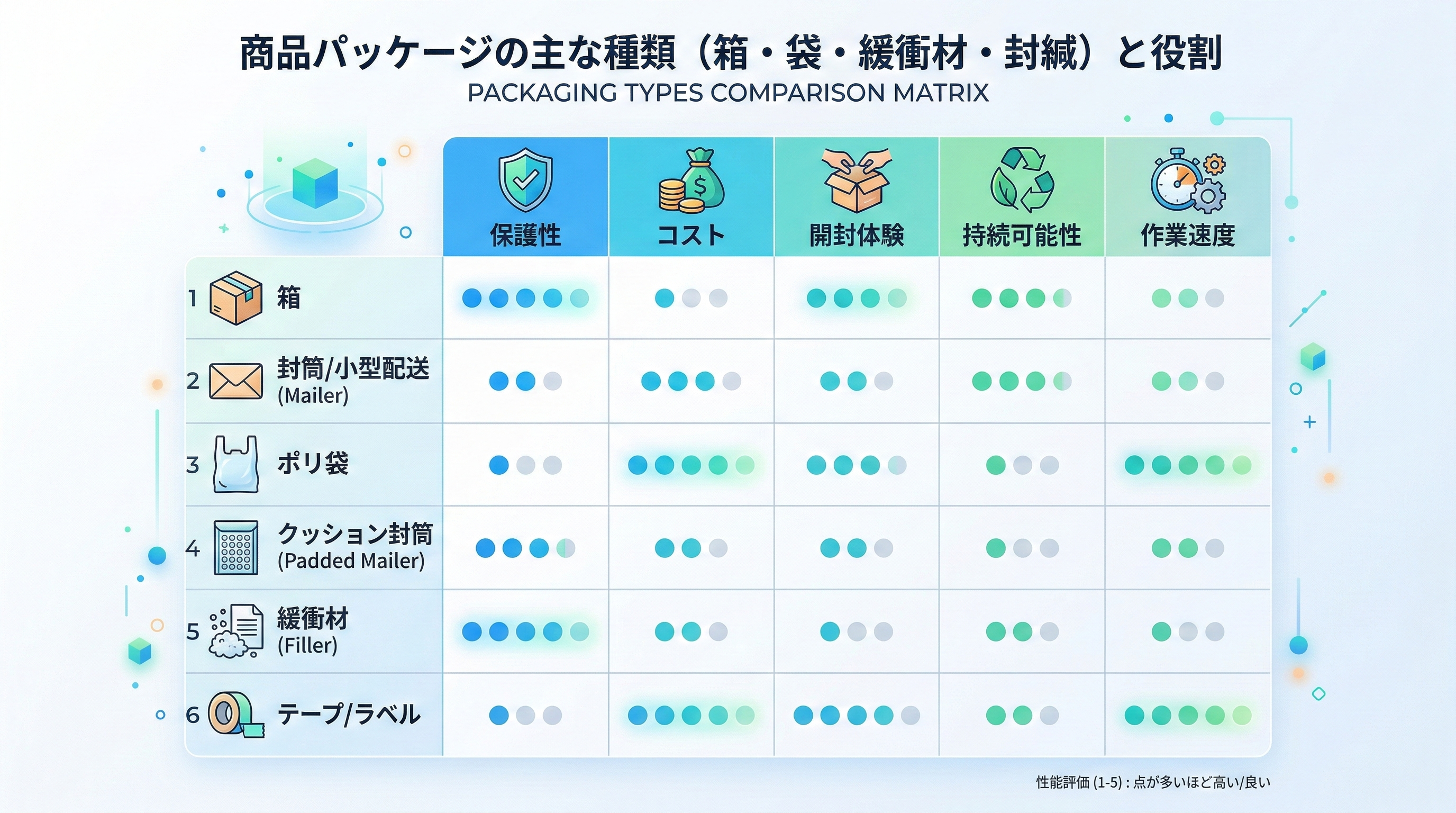 箱・封筒・ポリ袋・パッド入り封筒・緩衝材・テープとラベルを縦軸、保護・コスト・開封体験・環境・作業性を横軸にした比較マトリクス