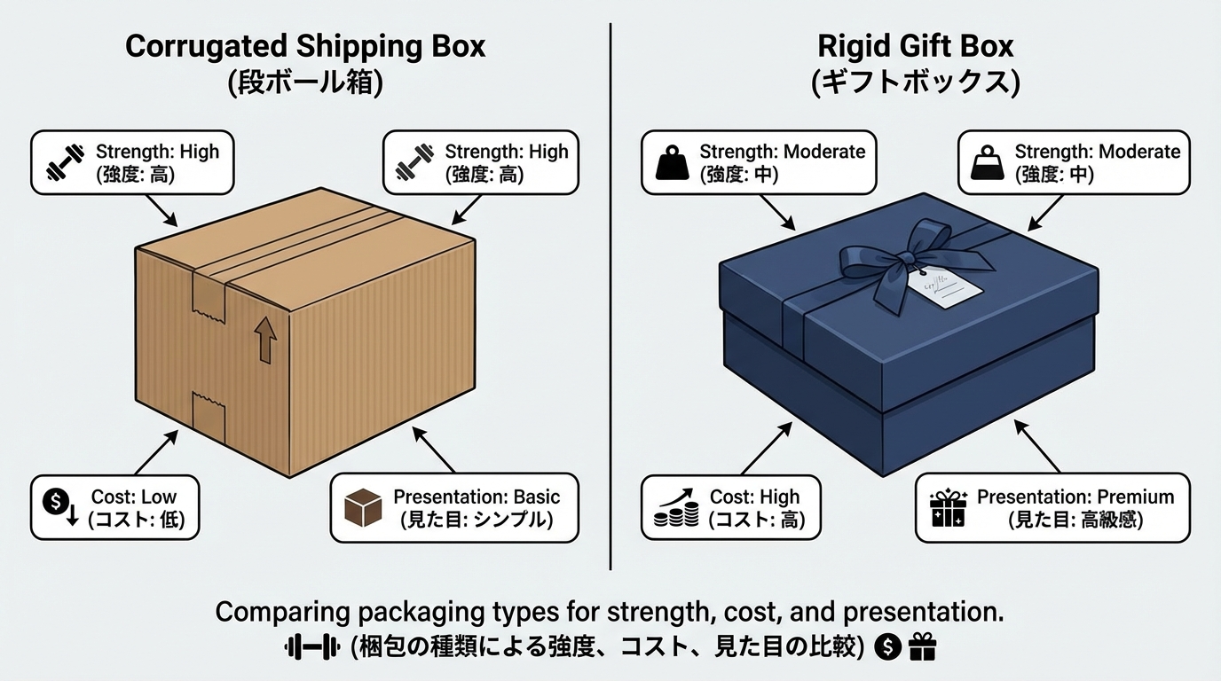 輸送向きの段ボール箱と見た目重視の化粧箱を並べ、強度・コスト・見た目の違いを示した比較図