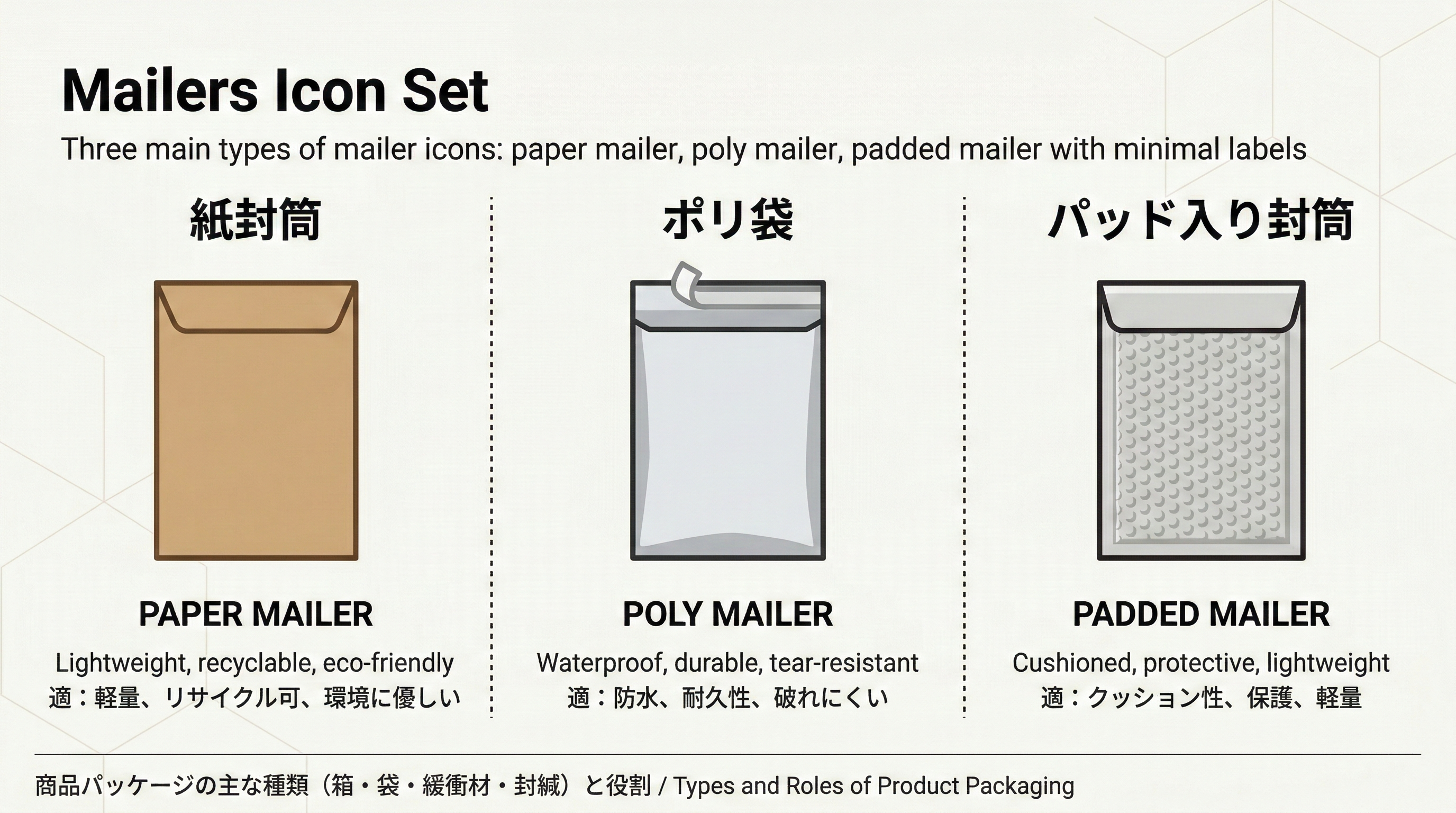 紙封筒・ポリ袋・パッド入り封筒の3種類をシンプルなアイコンで並べて比較したイラスト