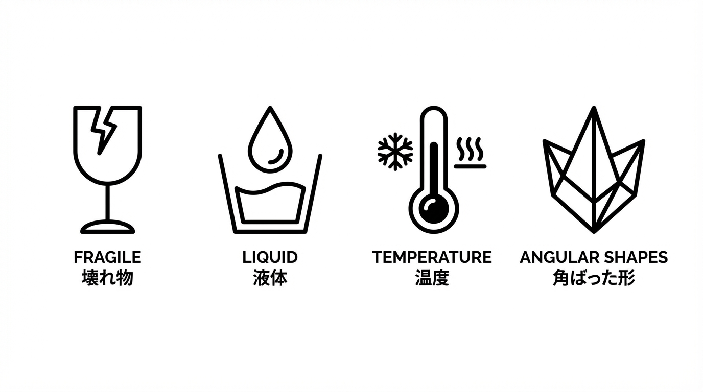 割れ物・液体・温度管理が必要な商品・角張った形状を表すピクトグラムアイコンのセット