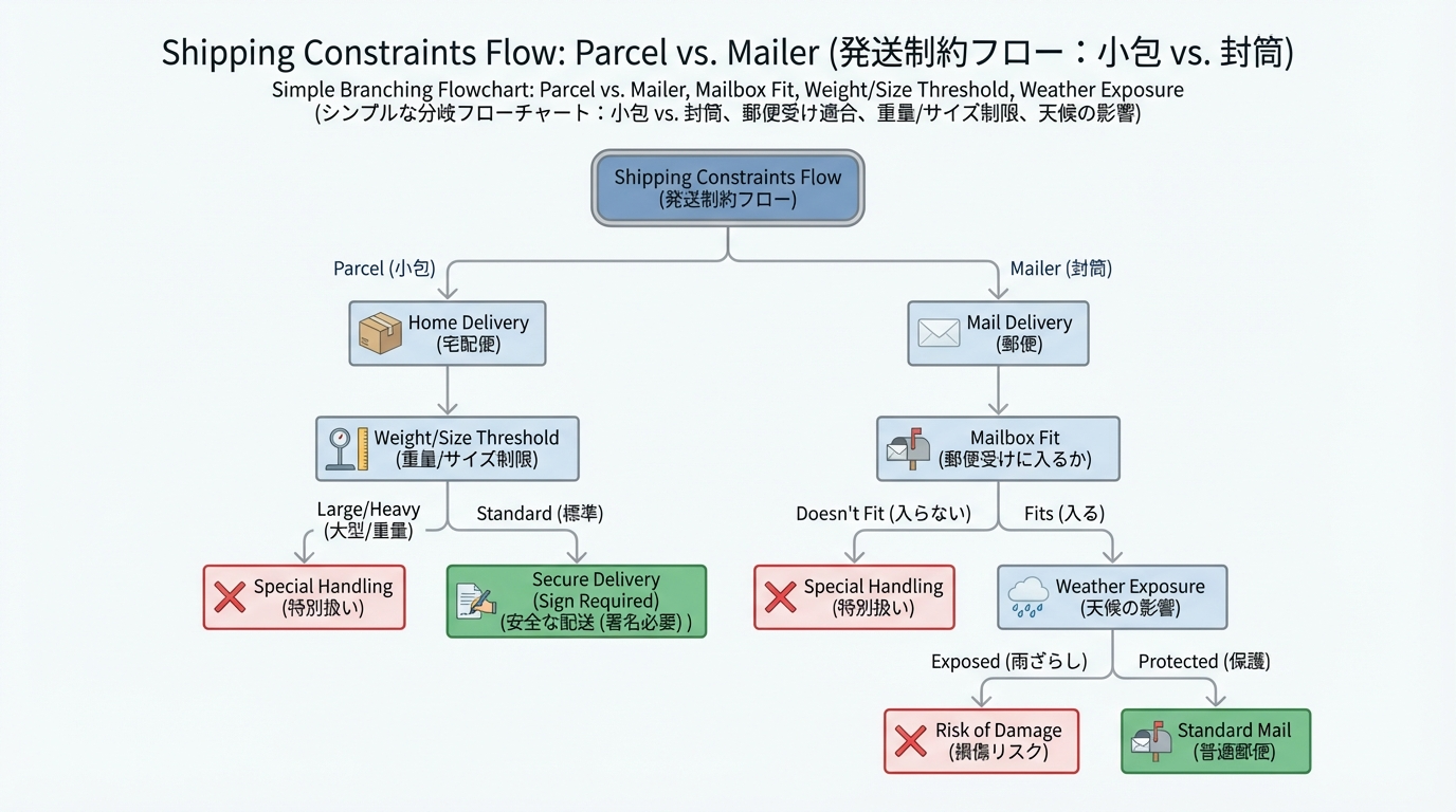 宅配便とメール便、ポスト投函の可否、重量とサイズの閾値などを分岐で示した簡易フローチャート