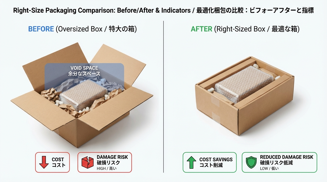 余白が多く緩衝材が詰め込まれた過大な箱と、商品にフィットした最適サイズの箱を並べて比較したイラスト