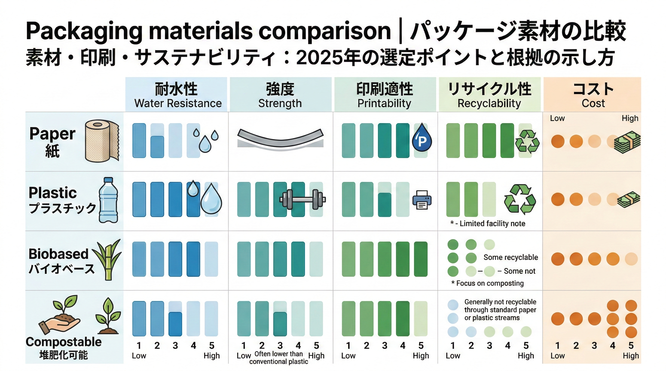 紙・プラスチック・バイオベース素材の3種類について、水耐性・強度・印刷適性・リサイクル性・コストを比較したチャート