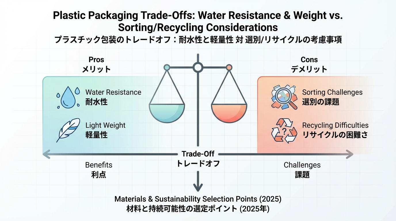 プラスチック包装の長所として耐水性と軽さ、短所として分別とリサイクル課題を2列で示した図