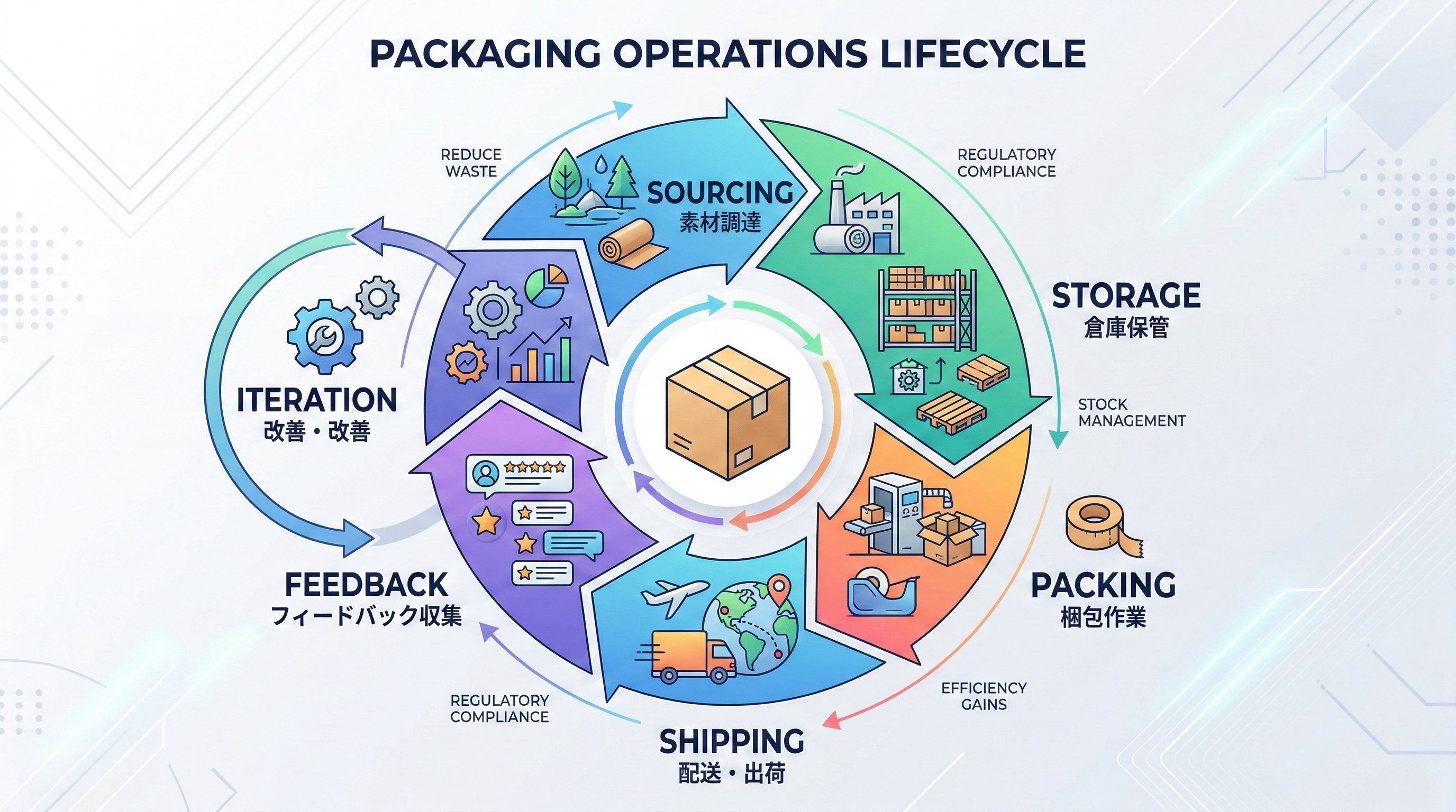 資材調達、保管、梱包、出荷、フィードバック収集、改善のステージを円形に配置したライフサイクル図