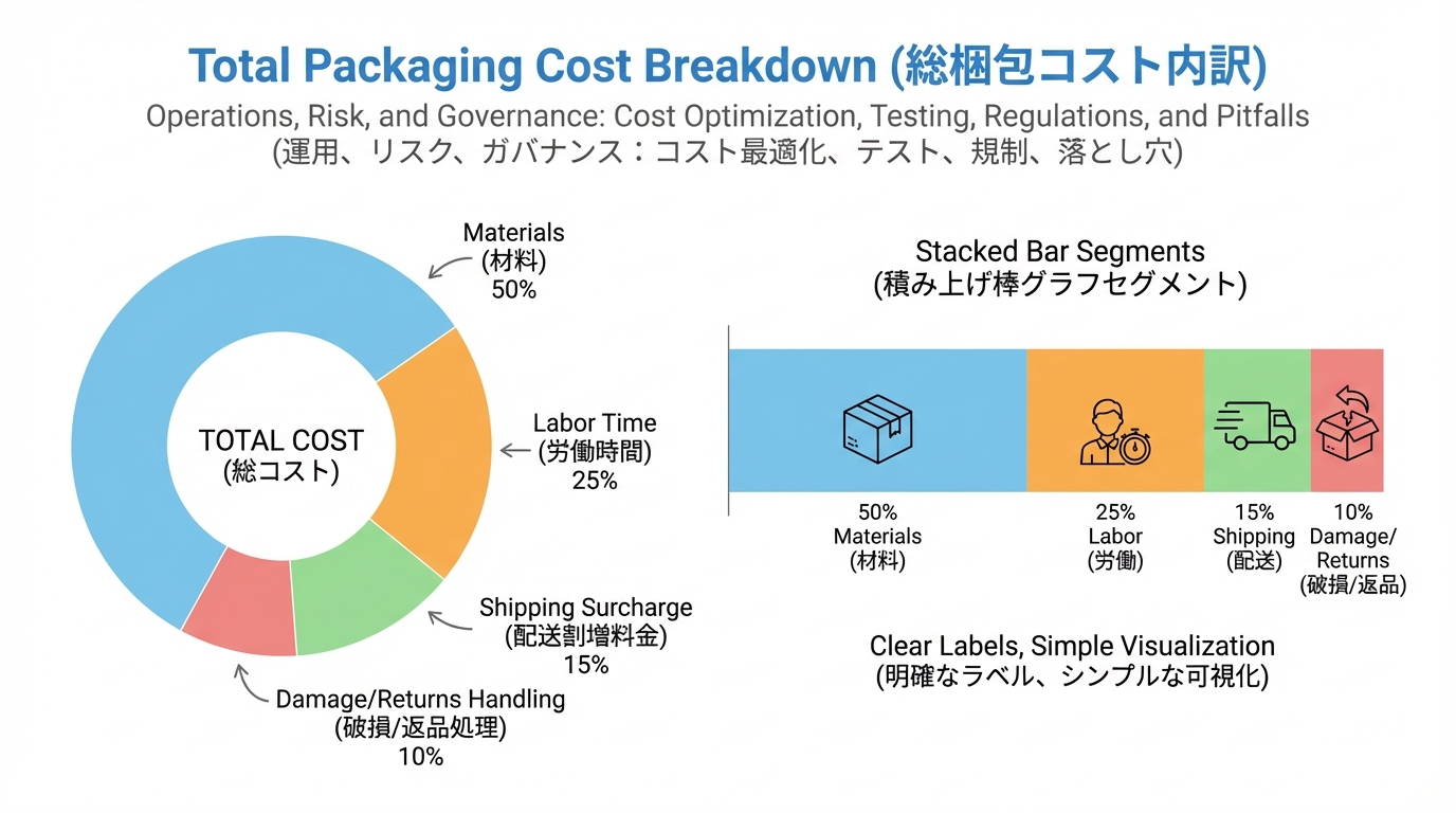 資材費・作業時間・配送料・破損対応コストの割合を示した円グラフまたはスタック棒グラフ