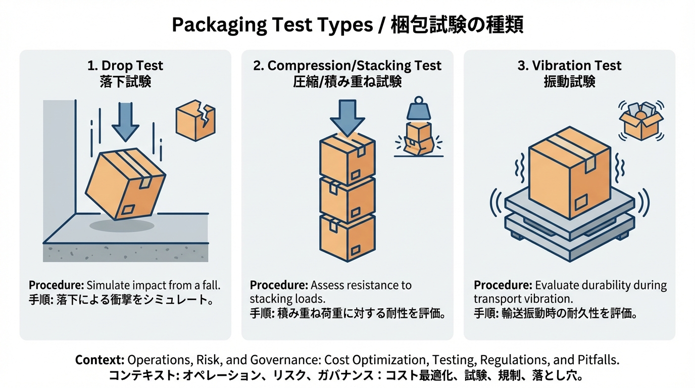 落下試験・積み重ね圧縮試験・振動試験の3種類を示すシンプルなアイコンと手順イラスト