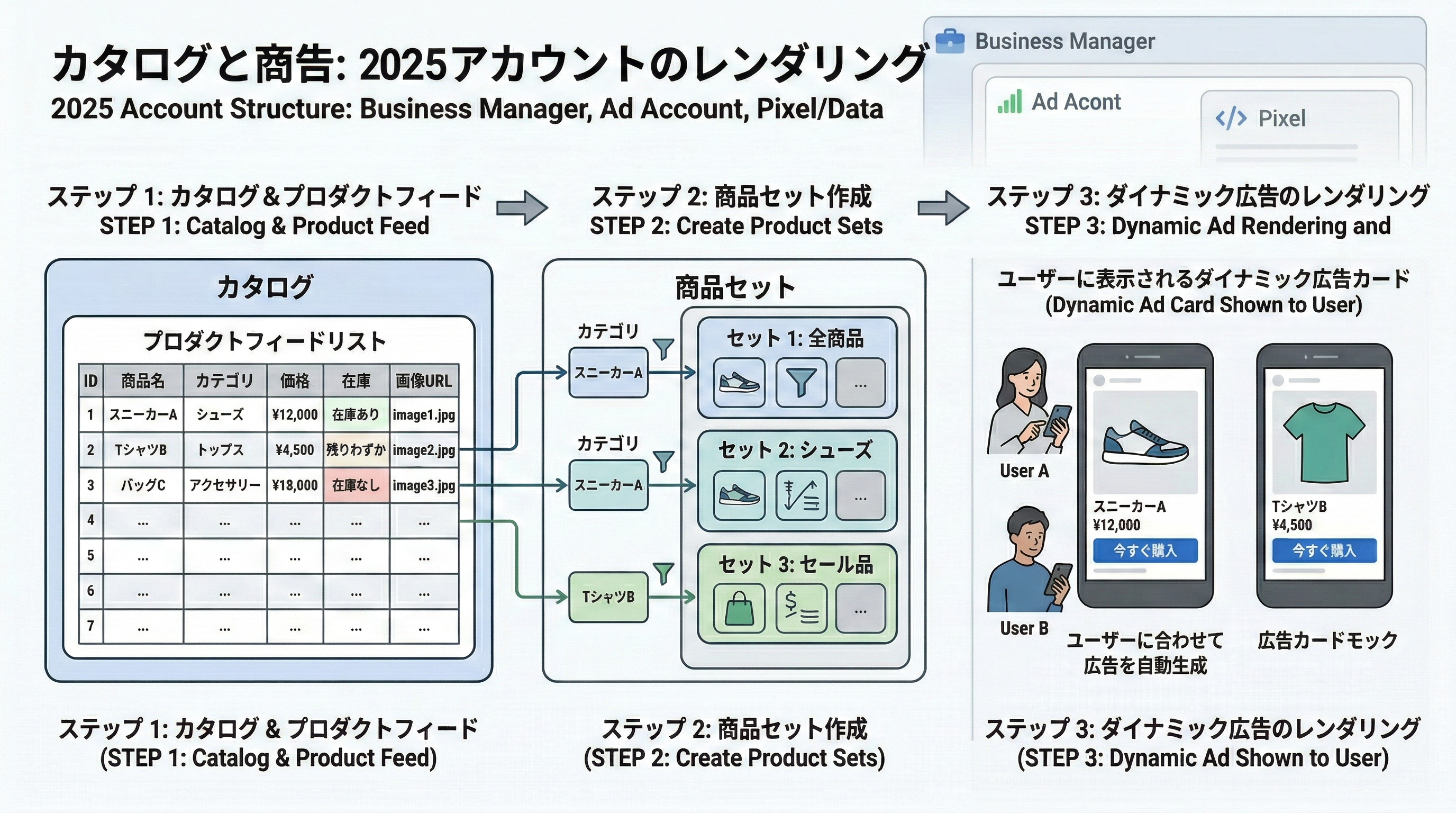 商品フィードが商品カタログに取り込まれ、商品セットに分割され、ユーザーの閲覧履歴に応じてダイナミック広告カードとして表示される流れを示した図