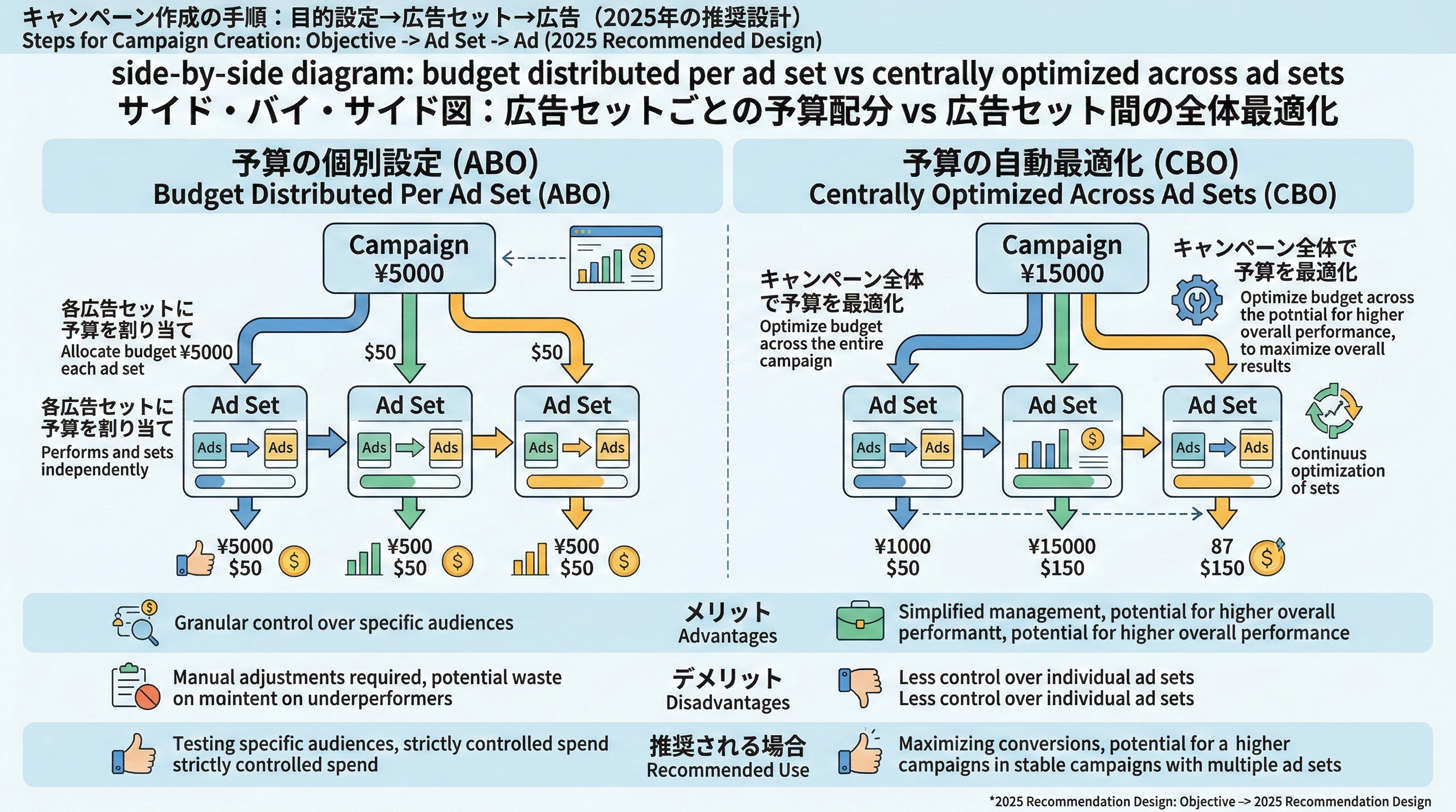 ABOでは各広告セットに個別の予算が設定され、CBOではキャンペーンの共通予算をMetaが自動配分する様子を比較した図
