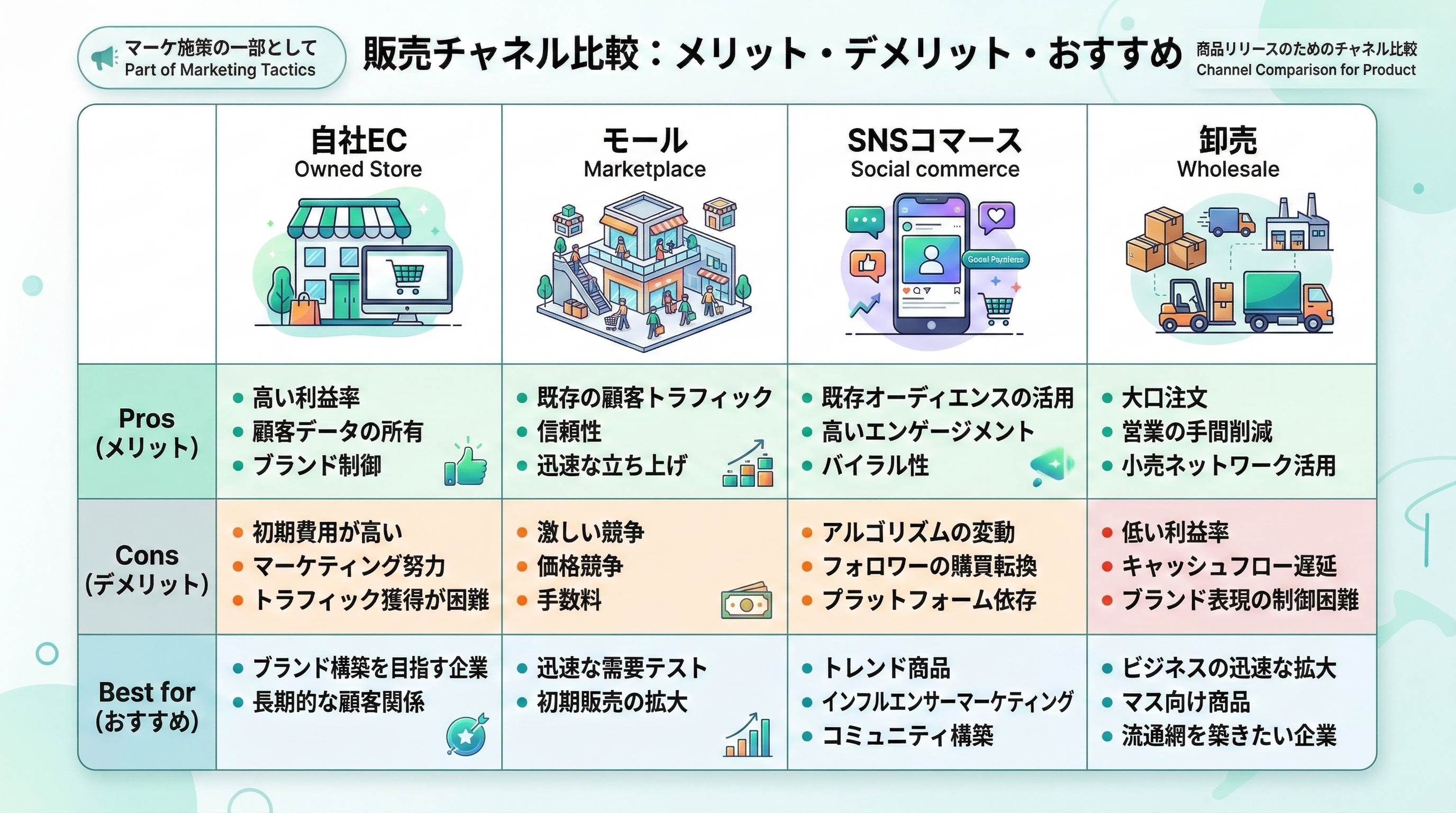 自社EC・マーケットプレイス・SNSコマース・卸売の4チャネルについてメリット・デメリット・得意領域を比較した表の図解