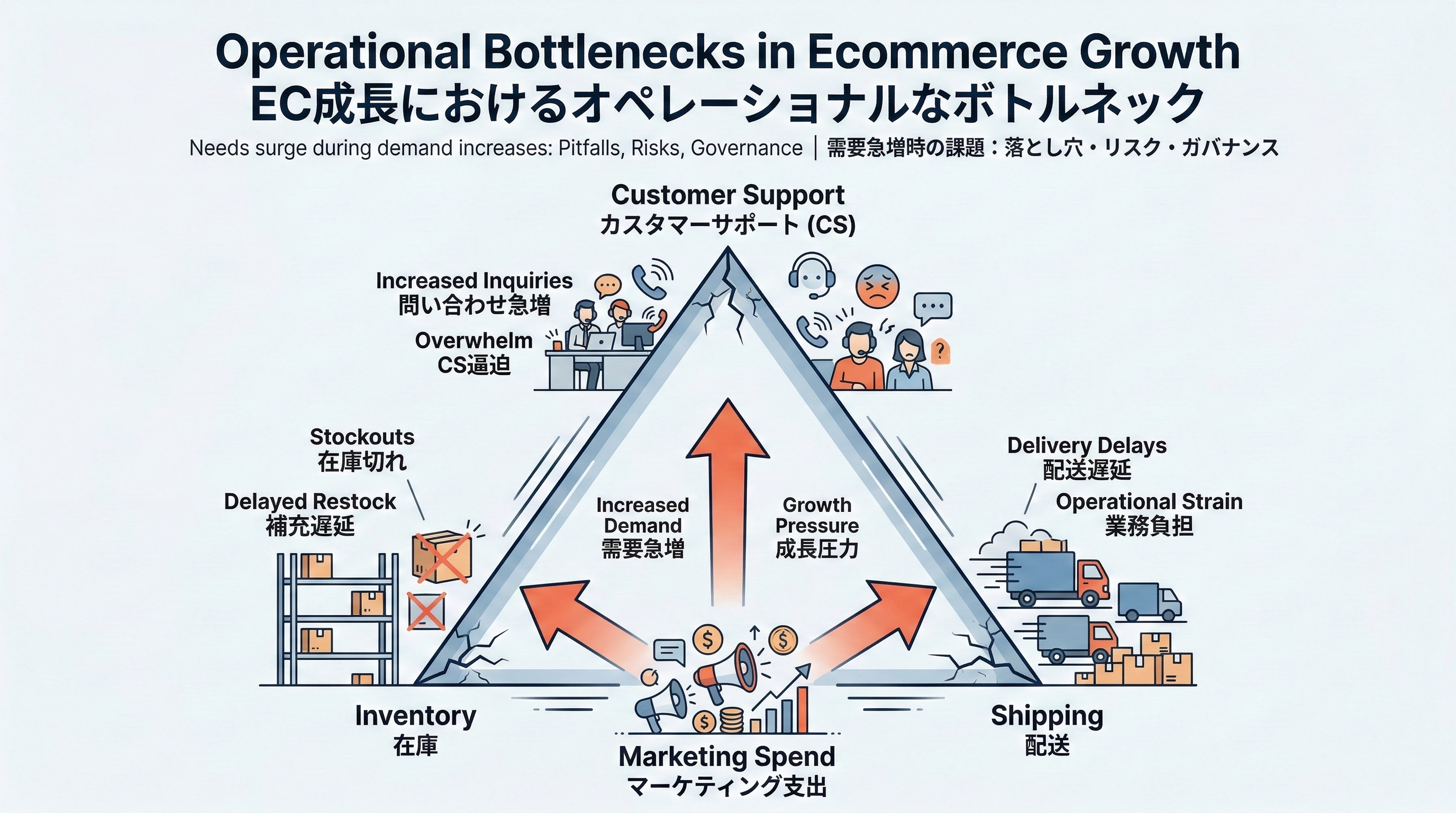 マーケティング投資からの需要増が在庫・配送・カスタマーサポートの三角形の各頂点にプレッシャーをかけるボトルネック図