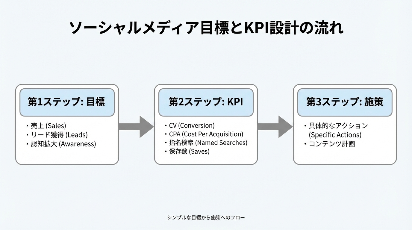 売上やリードなどの目的からKPIを設定し、SNS施策へ落とし込む3段フローを示した図解