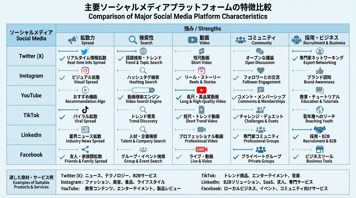 InstagramやX、TikTokなど主要SNSの強みや向いている商材を比較したシンプルな表