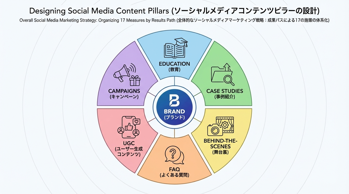 ブランドを中心に教育・事例・舞台裏・FAQ・UGC・キャンペーンなどのコンテンツ柱を放射状に配置した図