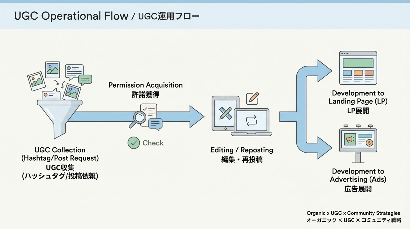 UGCの収集から許諾取得、編集・リポスト、LPや広告への展開までのパイプラインを表した図