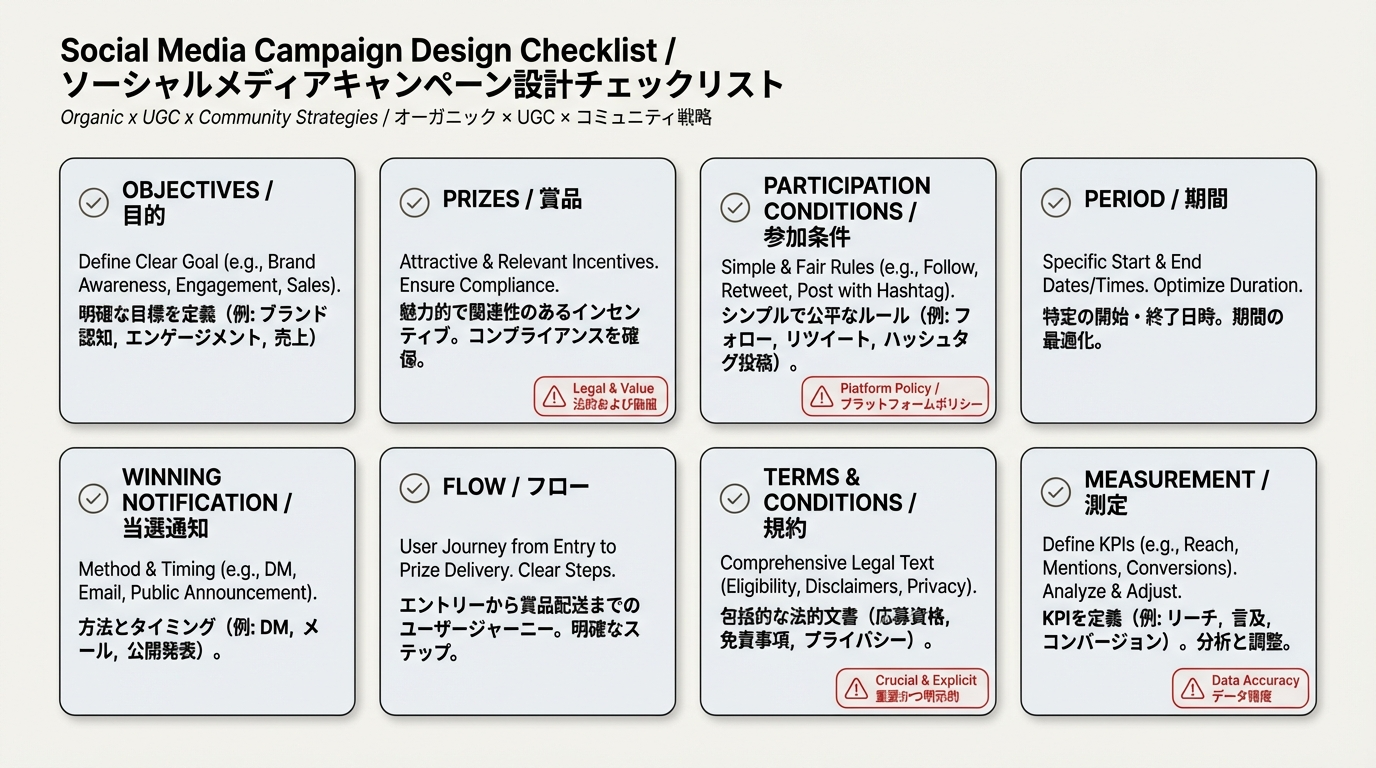 SNSキャンペーン設計のポイントである景品・参加条件・期間・導線・規約・計測項目をチェックリスト形式でまとめた図