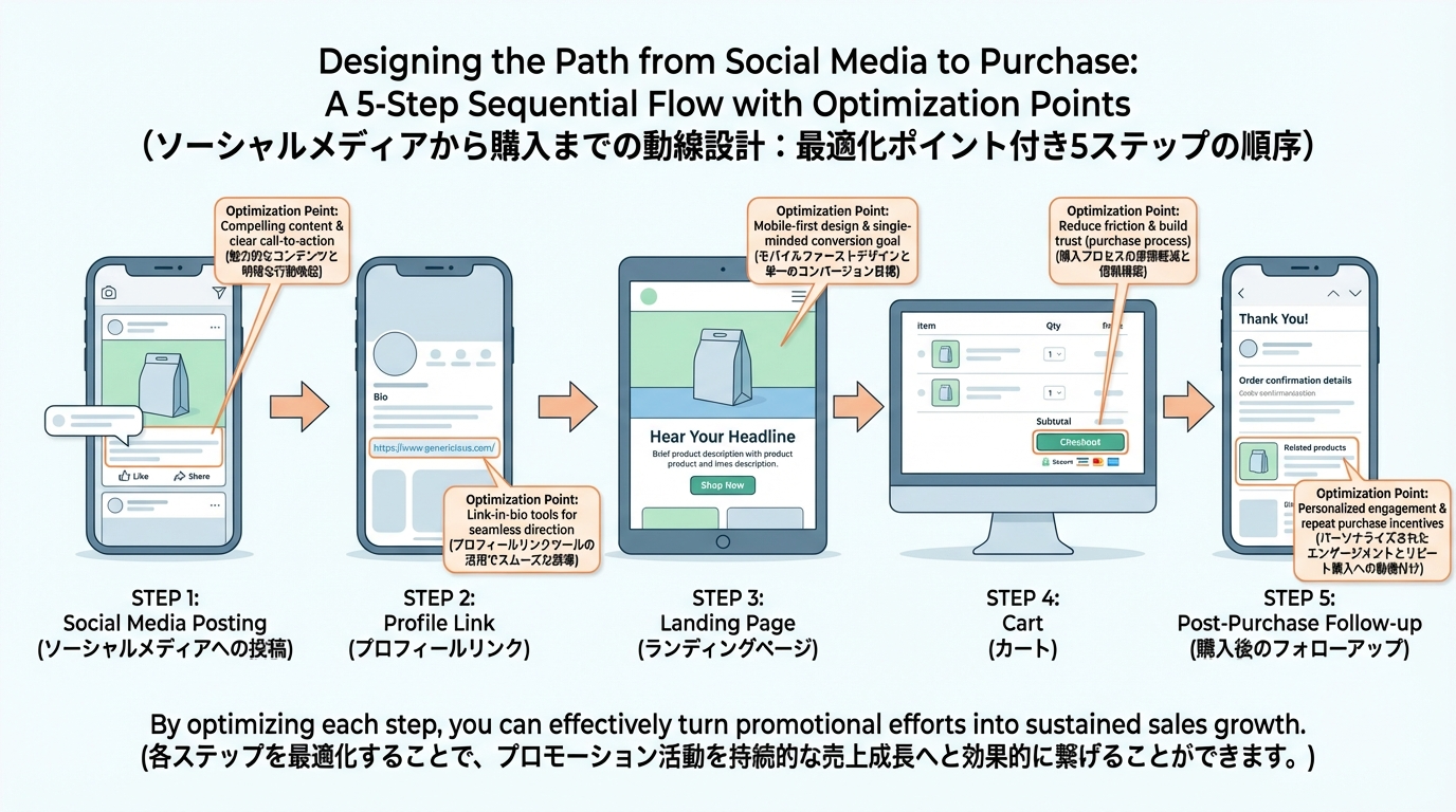 SNS投稿からプロフィールリンク、ランディングページ、カート、購入後フォローまで5ステップの導線設計を示した図