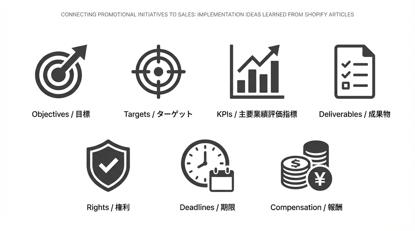 目的・ターゲット・KPI・納品物・権利・期限・報酬などインフルエンサー起用時に決めるべき項目をアイコンで整理した図