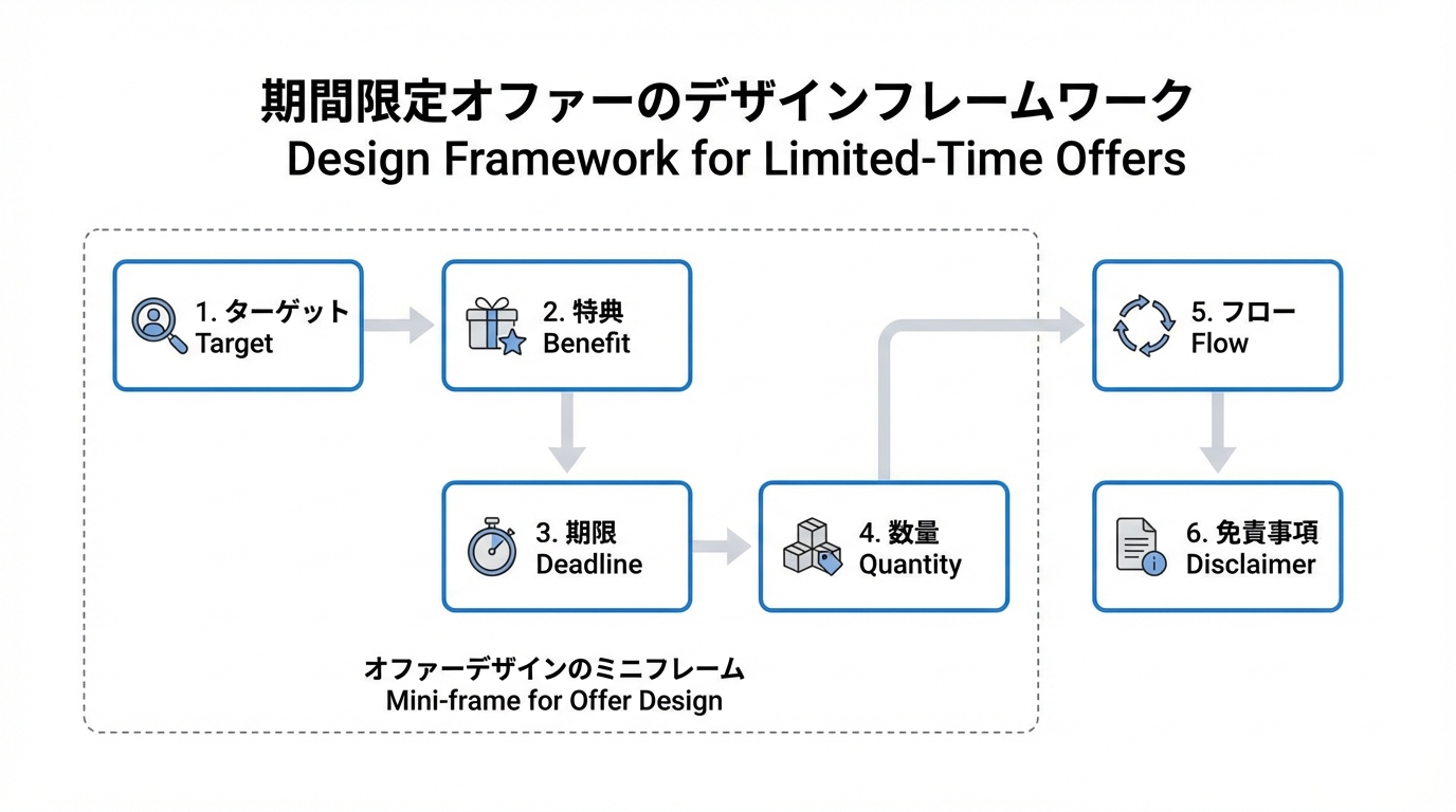期間限定オファーを設計する際の期限・数量・特典・対象・導線・免責など6要素をボックスで整理したフレーム図