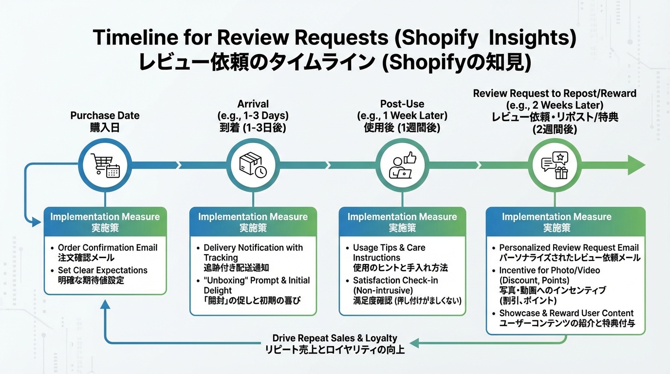 購入日から到着・使用後・レビュー依頼・リポストや特典付与までのタイムラインを示した図