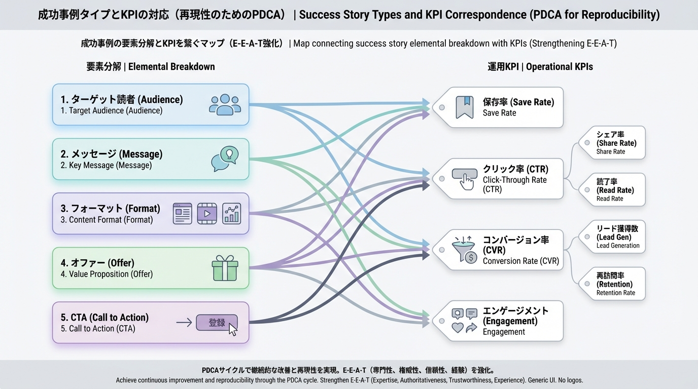Audience・Message・Format・Offer・CTAとKPI（保存率・CTR・CVなど）を線で結んだ成功事例の構造マップ