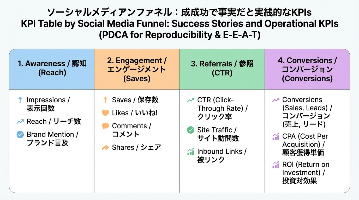 認知・関与・送客・CVの4列にリーチ・保存・CTR・購入数などのKPIを整理したテーブル