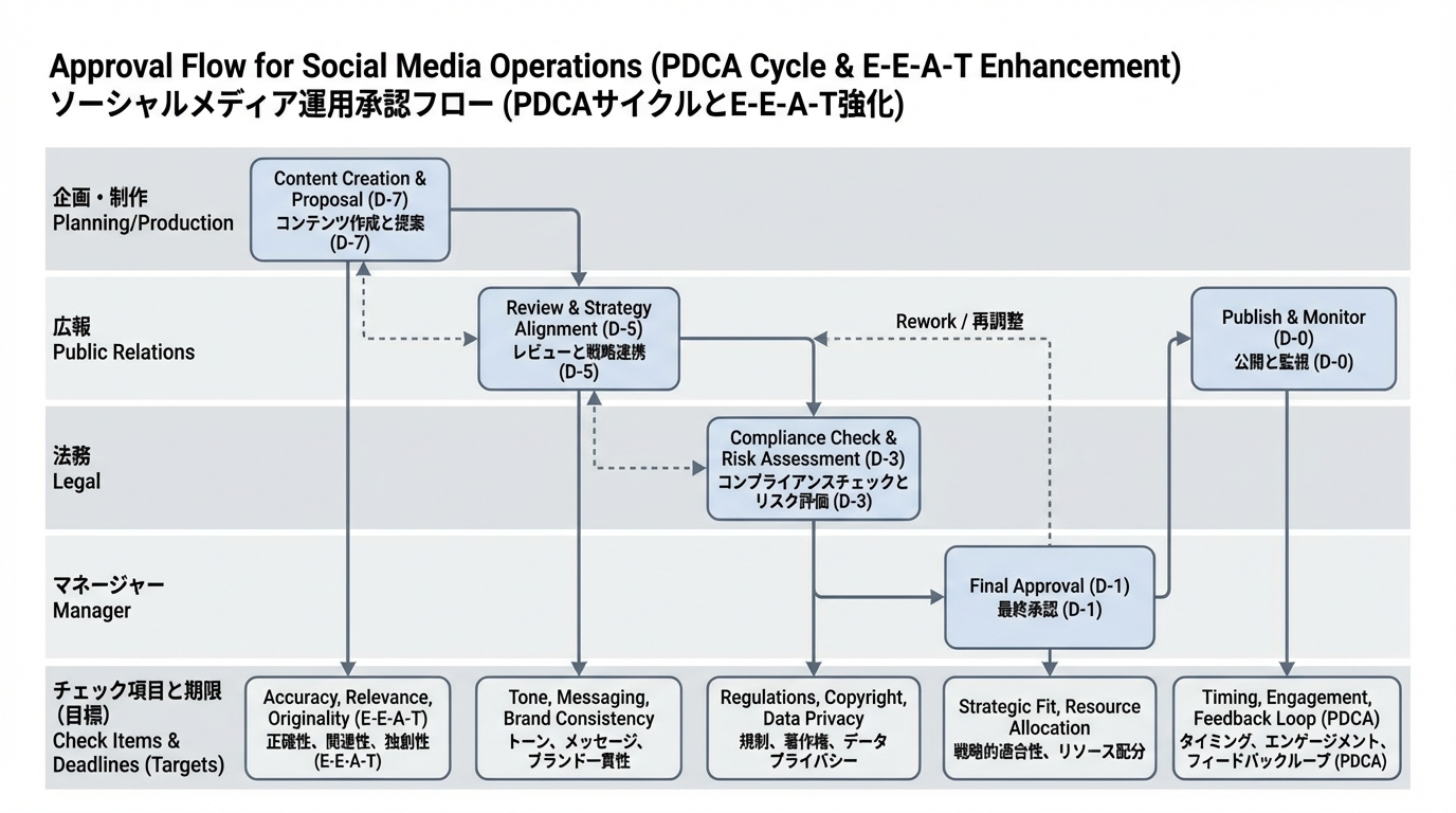企画・制作・広報・法務・責任者のスイムレーンに、SNS投稿の承認フローを示した図
