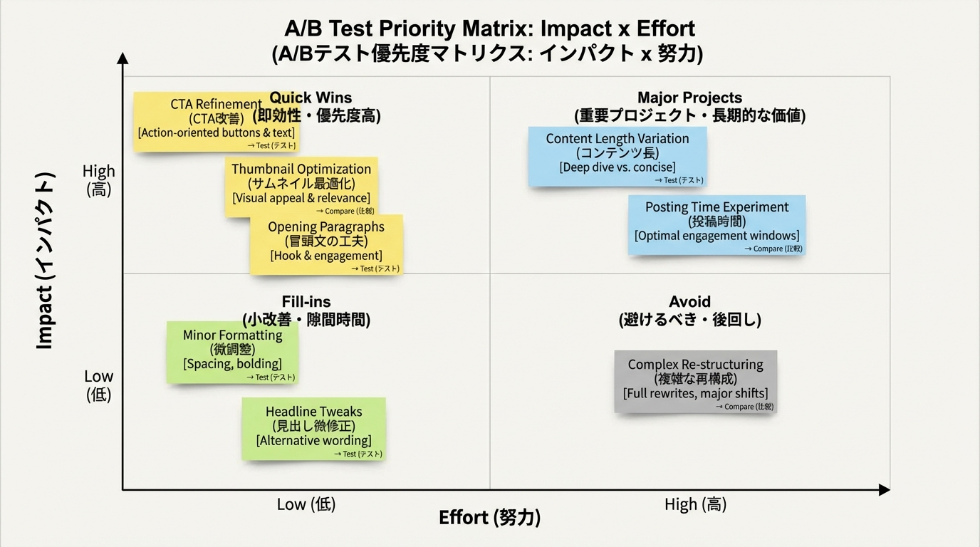 ImpactとEffortの2軸マトリクスにサムネや冒頭3秒、CTA、尺、投稿時間などのテストテーマを配置した図