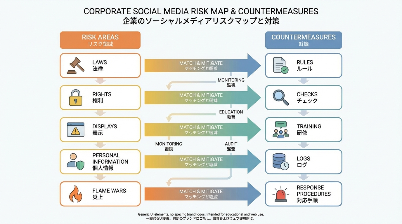 法規・権利・表示・個人情報・炎上などのリスク領域と、ルール・チェック・教育・ログ・対応手順といった対策を対応づけたリスクマップ
