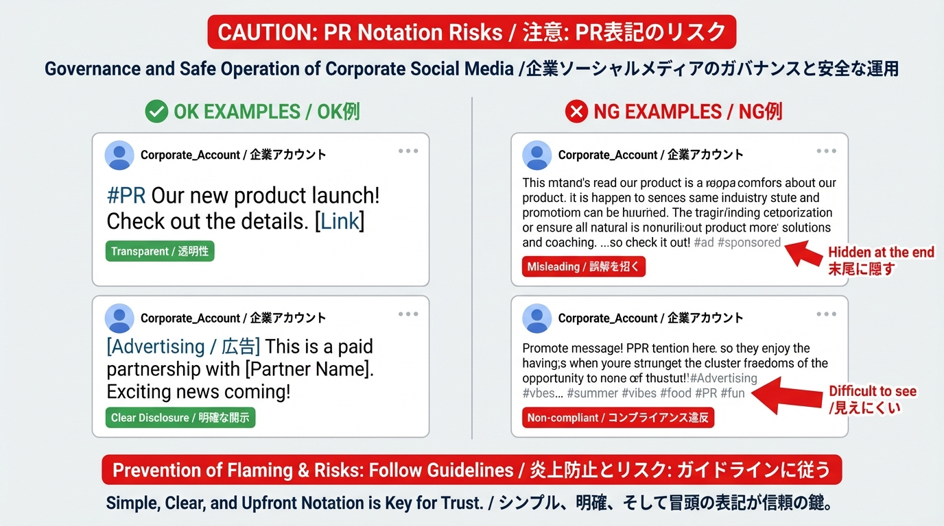 PR表記のOK例（投稿冒頭に#PRなど）とNG例（文末で見えにくい表記など）を2列で比較した図