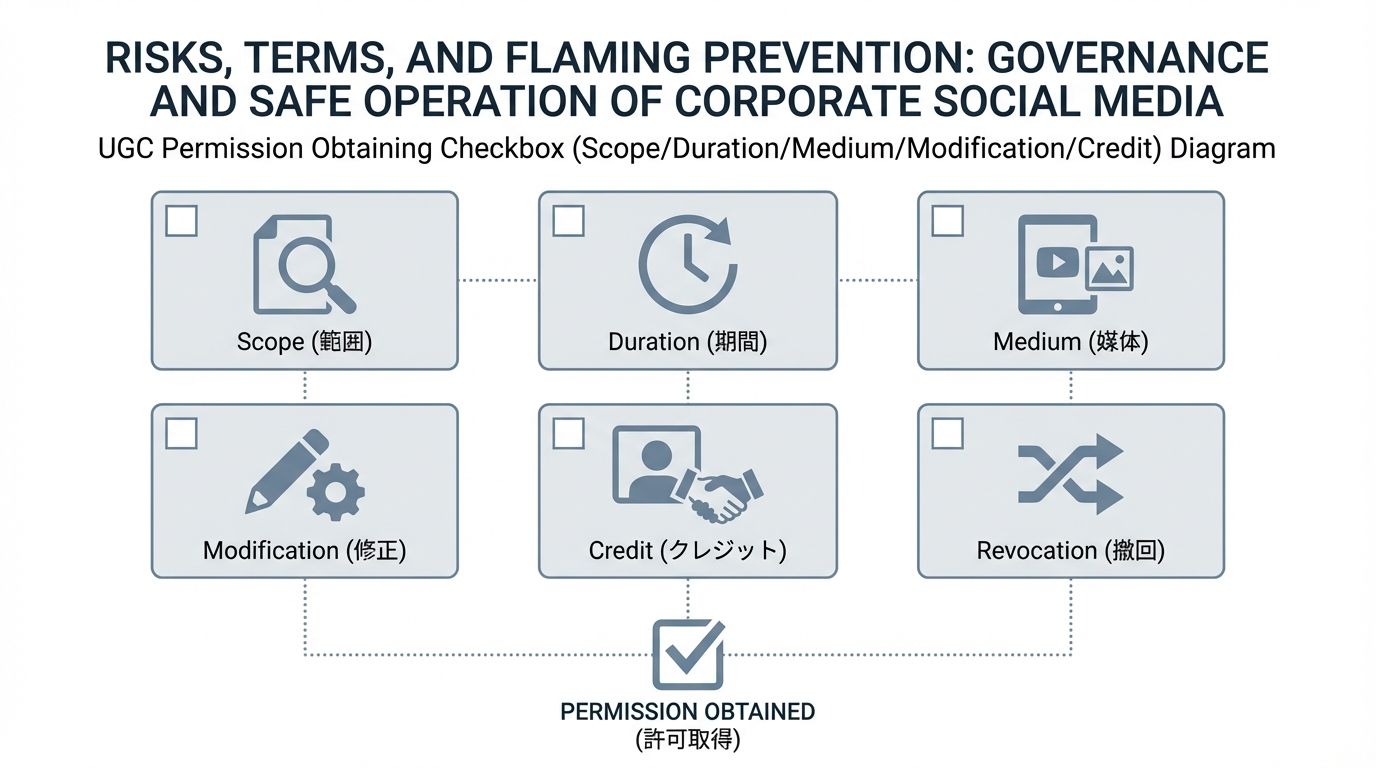 UGCを二次利用する際に確認すべき範囲・期間・媒体・改変可否・クレジットなどのチェック項目をアイコンで示した図