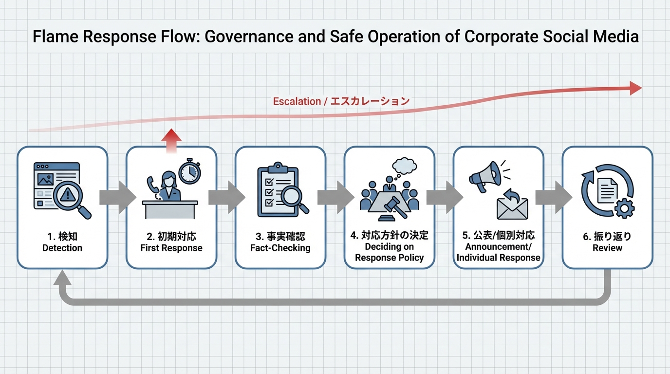 炎上時の検知から一次返信、事実確認、対応方針決定、公表や個別対応、振り返りまでのステップを示したフロー図