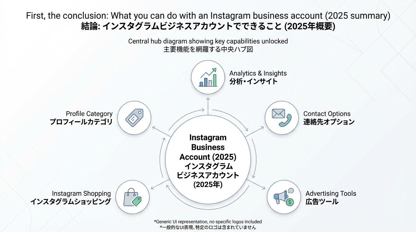 インスタビジネスアカウントで解放される主な機能（分析・広告・ショッピング・連絡先・カテゴリ表示）をハブ型の図で俯瞰したイメージ。