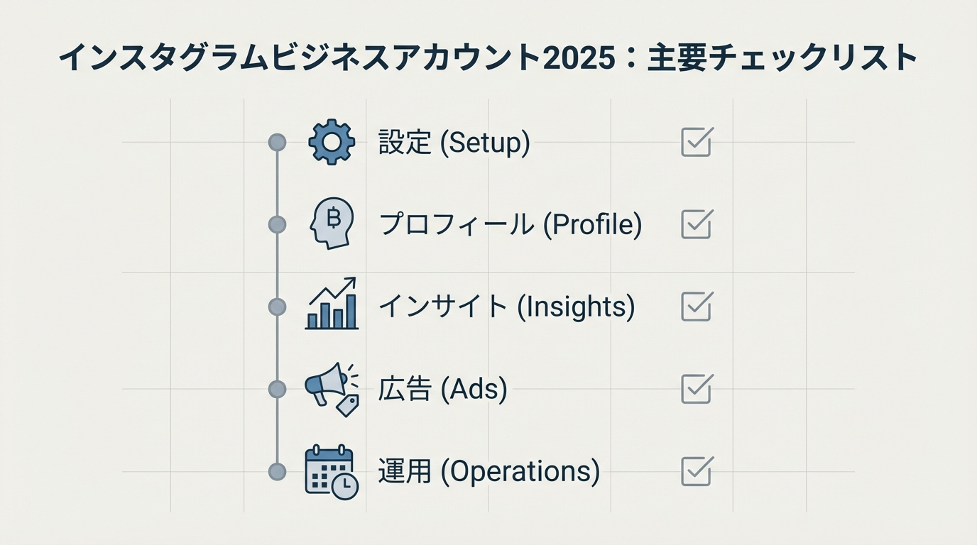 インスタビジネスアカウントの設定・プロフィール・インサイト・広告・運用の5つのポイントをチェックリスト形式で整理した図。