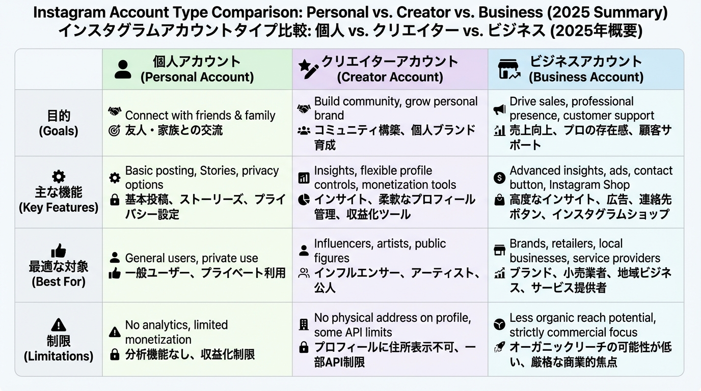 インスタの個人・クリエイター・ビジネスの3種類のアカウントを、目的・利用できる機能・向いている利用者・制限事項の観点で比較した3列の表。